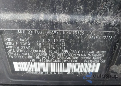 2013 Subaru Legacy 2.5I Premium z USA, uszkodzony, nr VIN 4S3BMBC65D3028440